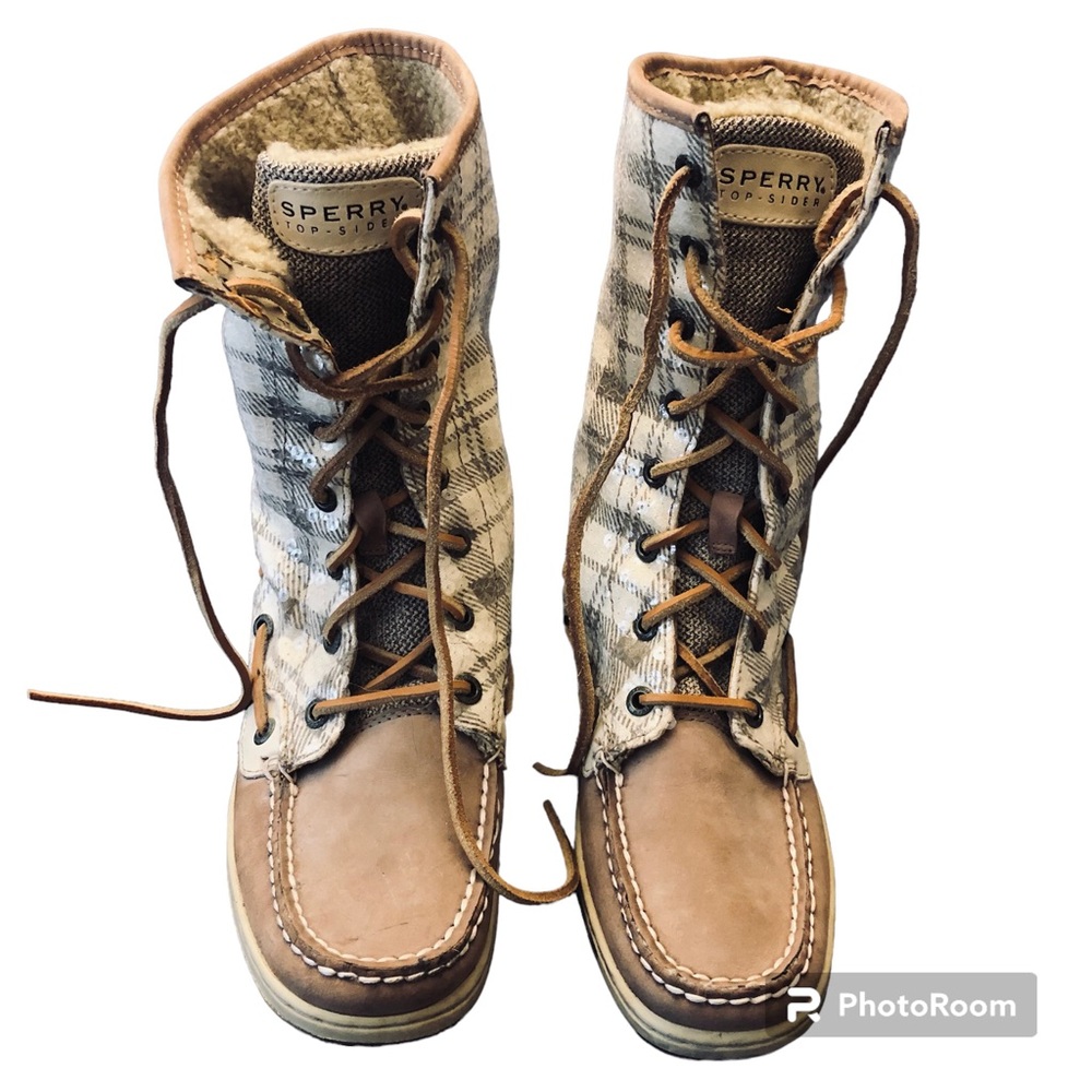 Sperry Top-Sider Plaid Sherpa Leather Boots Sequins Size 7
